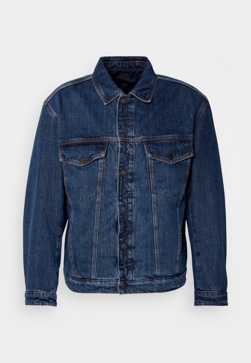 Dunkelblaue Jeansjacke mit Kragen, zwei Brusttaschen und Knopfverschluss. Hat eine leicht unstrukturierte Passform und sichtbare Nähte.