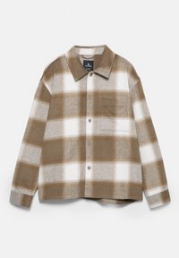 Brun och vit rutig skjorta i mjukt ullblandningsmaterial med knappstängning framtill, krage och en bröstficka. Avslappnad design med långa ärmar.