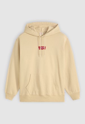 Beige hoodie made of cotton, featuring a front kangaroo pocket, drawstring hood, and a small red Levi's logo on the chest.
