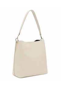 Borsa a spalla in finta pelle beige con forma strutturata, texture liscia, tracolla singola e dettagli in metallo dorato.