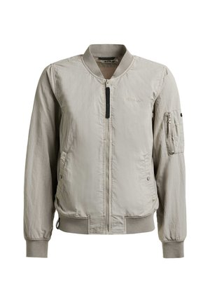 Lichtbeige bomberjack met ritssluiting aan de voorkant, geribde kraag, manchetten en tailleband, twee zijzakken en een ritssluitingzak op de linkerarm.