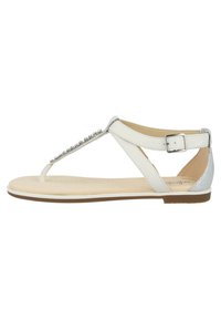 Sandali piatti bianchi con design a T, caratterizzati da un accento argento e dettagli decorativi di perline lungo la cinghia. Soletta soffice e imbottita.