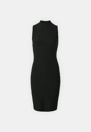 Black sleeveless dress with a high round neckline, featuring a textured pattern and fitted design that accentuates the shape.