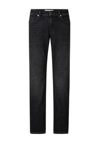 Černé džíny z denimu s rovnými nohavicemi, pětipocketovým designem a kontrastním prošitím. Mají jemnou vybledlou texturu a klasický pas.