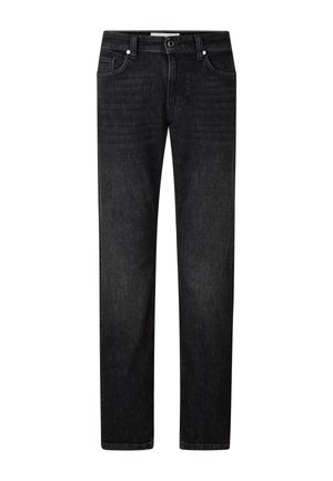 Černé džíny z denimu s rovnými nohavicemi, pětipocketovým designem a kontrastním prošitím. Mají jemnou vybledlou texturu a klasický pas.