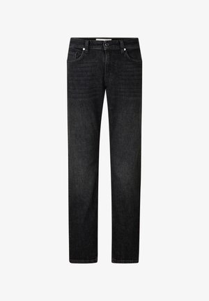 Zwarte denim jeans met een rechte pijp, vijfzakkenontwerp en contrasterende stiksels. Heeft een subtiele vervaagde textuur en een klassieke tailleband.