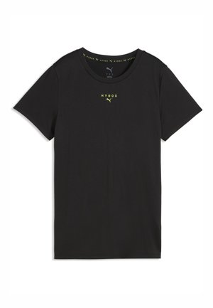 Enkel sort kortærmet t-shirt med gult HYROX- og Puma-logo på brystet, rund hals, vist på hvid baggrund.