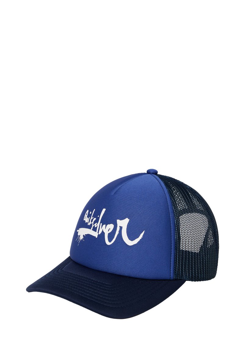 Blaue Mesh-Cap mit festem Vorderteil, das ein auffälliges weißes Logodesign zeigt. Kontrastierende marineblaue Akzente auf dem Schild und dem hinteren Panel.