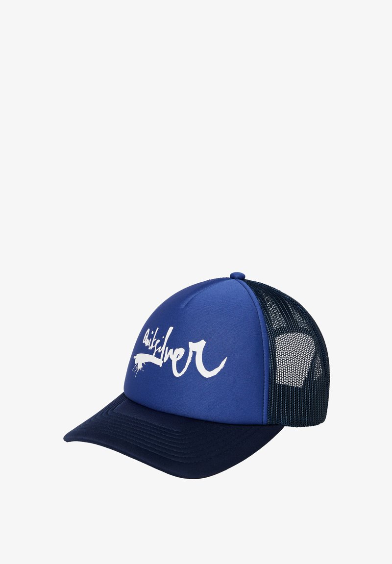 Blaue Mesh-Cap mit festem Vorderteil, das ein auffälliges weißes Logodesign zeigt. Kontrastierende marineblaue Akzente auf dem Schild und dem hinteren Panel.