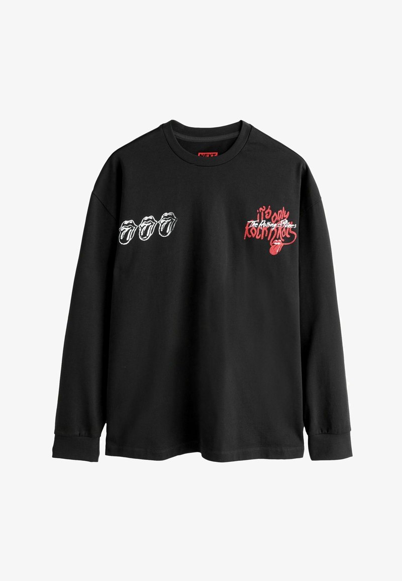 Schwarzes Langarm-T-Shirt mit drei weißen rollenden Lippen-Graphics und rotem Text auf der linken Brust, aus weichem Baumwollmaterial gefertigt.