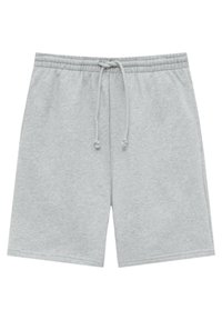 Grijze katoenen shorts met een elastische tailleband en aantrekkoord. Heeft een zachte textuur en een rechte snit die tot halverwege de dij reikt.