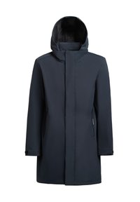 Donkerblauwe waterdichte jas met een hoge kraag en een vaste capuchon. Voorzien van ritszakken aan de voorkant en een rechte snit. Gemaakt van een gladde, duurzame stof.