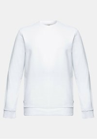 Sweat-shirt blanc à manches longues avec col rond, poignets et bas côtelés, présenté sur un fond clair uni.