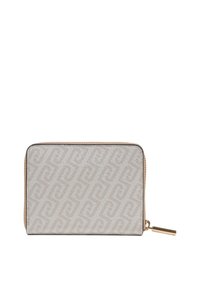 Světlý šedý peněženka s texturovaným vzorem, zlatým zipem a béžovými detaily. Kompaktní obdélníkový tvar, vyrobený ze syntetického materiálu.