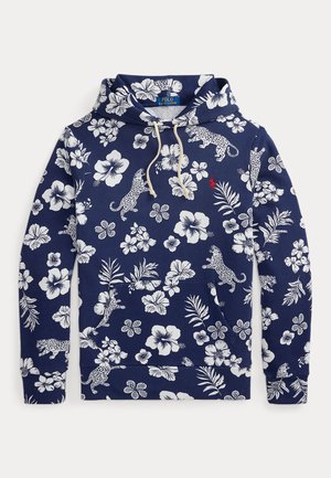 Sweat à capuche bleu marine avec fleurs tropicales blanches et imprimé léopard, capuche à cordon, poche avant et petit logo rouge Polo Ralph Lauren.