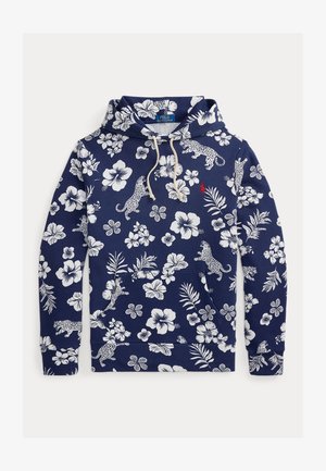Hanorac bleu marin cu flori tropicale albe și imprimeu leopard, glugă cu șnur, buzunar frontal și mic logo roșu Polo Ralph Lauren.