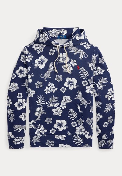 Μπλε ναυτικό hoodie με λευκά τροπικά λουλούδια και λεοπάρ εκτύπωση, κουκούλα με κορδόνι, εμπρόσθια τσέπη και μικρό κόκκινο λογότυπο Polo Ralph Lauren.