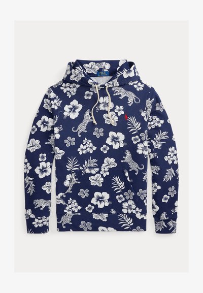 Μπλε ναυτικό hoodie με λευκά τροπικά λουλούδια και λεοπάρ εκτύπωση, κουκούλα με κορδόνι, εμπρόσθια τσέπη και μικρό κόκκινο λογότυπο Polo Ralph Lauren.