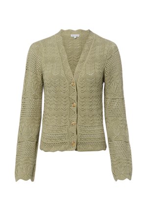 Licht olijfgroene gehaakte cardigan met lange mouwen, geschulpte randen en vier houten knopen aan de voorkant.