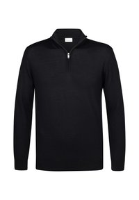 Schwarzer Pullover mit Reißverschlusskragen, langen Ärmeln und gerippten Bündchen. Aus glattem Stoff gefertigt, mit einer subtilen Textur.