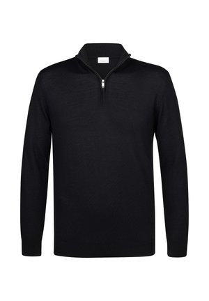 Pull noir à col zippé, à manches longues et avec des poignets côtelés. Fabriqué dans un tissu lisse, présentant une texture subtile.