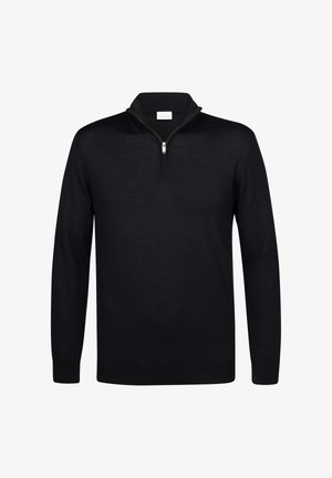 Sudadera negra con cuello con cremallera, mangas largas y puños acanalados. Fabricada en tejido suave, con una textura sutil.