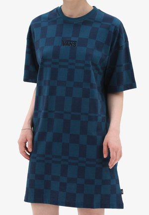 T-shirt jurk in donkergroen met een geruit patroon. Beschikt over korte mouwen en een ronde halslijn, met een geborduurd 'VANS' logo in het zwart.
