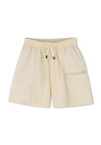 Beige swimming shorts with an elastic waistband and drawstring, featuring a textured side panel and a zip pocket with logo detail.