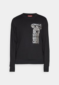 Sudadera negra de manga larga, cuello redondo, con un diseño gráfico en blanco y gris en el frente, y puños y dobladillo acanalados.