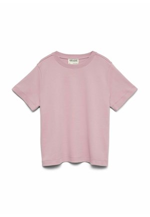 Kurzarm-Pink Baumwoll-T-Shirt mit Rundhalsausschnitt, lässigem Schnitt und minimalen Nähdetails. Das Etikett trägt die Aufschrift "AWARE."