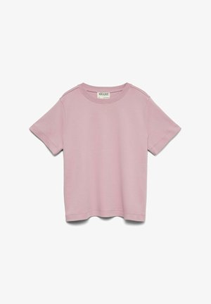Kurzarm-Pink Baumwoll-T-Shirt mit Rundhalsausschnitt, lässigem Schnitt und minimalen Nähdetails. Das Etikett trägt die Aufschrift "AWARE."