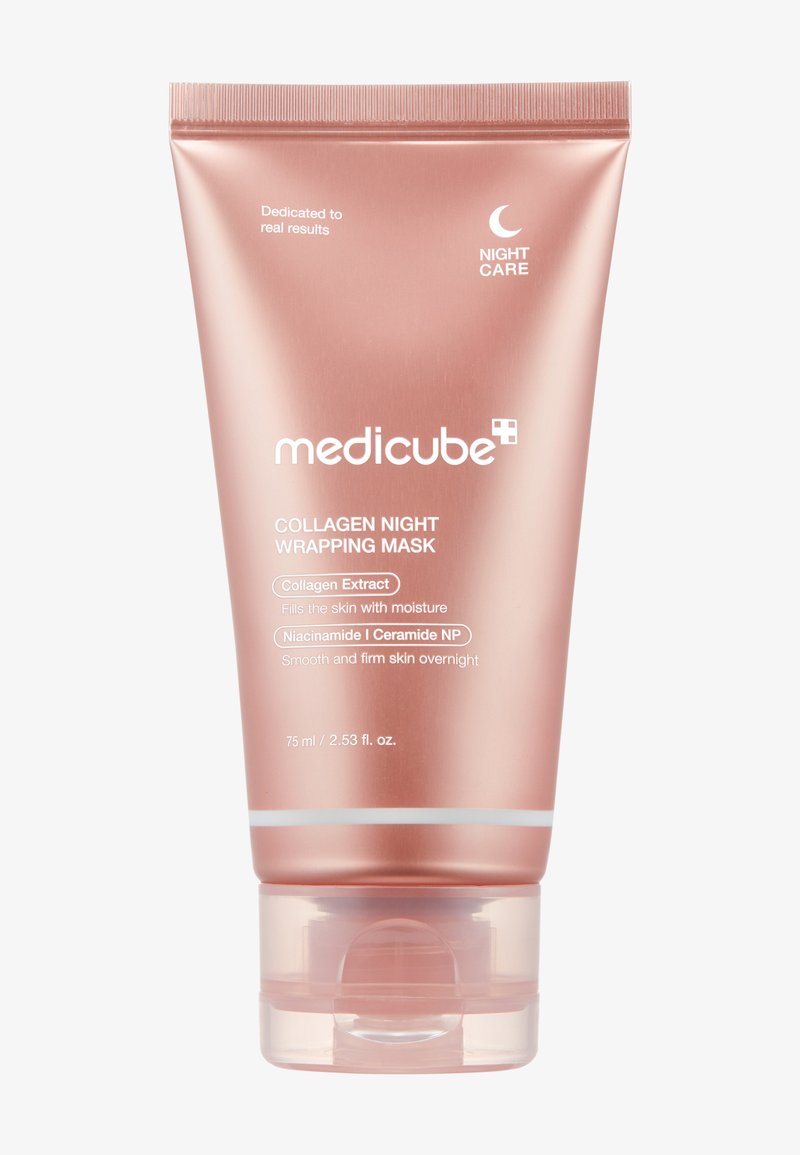 Różowozłote opakowanie tubki na kolagenową maskę na noc, z białym tekstem i przezroczystą podstawą. Zawiera 75 ml, oznaczone do użytku nocnego.