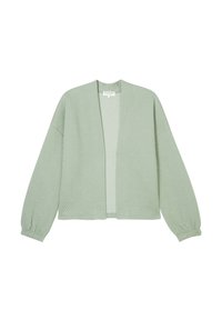 Cardigan verde chiaro realizzato in un tessuto testurizzato con un motivo a diamante, apertura frontale e maniche a palloncino. Senza chiusure o fermature.