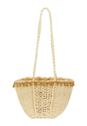 Vævet stråkurv i en naturlig beige farve, designet med et flettet håndtag og en dekorativ frynse af pom-poms langs den øverste kant.