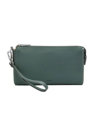 Porte-poignet Fossil en cuir vert avec fermeture éclair argentée et sangle détachable, forme rectangulaire avec texture subtile et détails de couture.