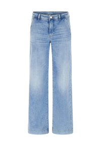 Lichtblauwe wijde jeans met een hoge taille, gemaakt van denim. Beschikt over riemlussen, voorkruiszakken en een knoopsluiting met een ritssluiting.