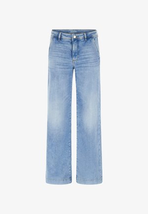 Helle blaue weit geschnittene Jeans mit hoher Taille, aus Denim. Verfügt über Gürtelschlaufen, Fronttaschen und einen Knopfverschluss mit Reißverschluss.