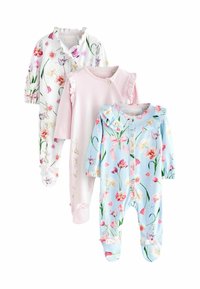 Tres bodies para bebés: uno blanco con estampado floral, uno rosa con cuello acampanado y uno azul claro con diseño floral y lazos.