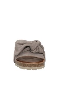Suede, grey open-toe slide sandal with a knotted upper design and contoured cork footbed, featuring a textured rubber outsole.
