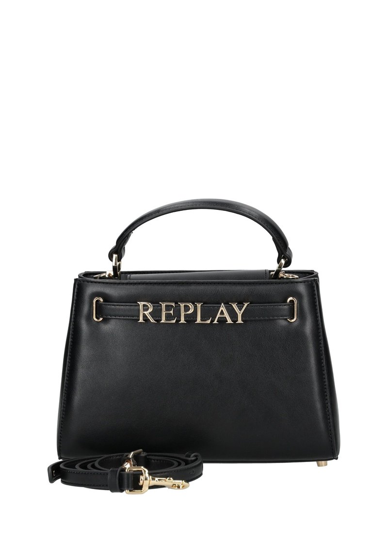 Borsa a tracolla in pelle nera con un design strutturato, logo "REPLAY" in tonalità oro, manico corto e tracolla regolabile e removibile.