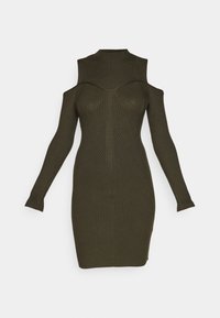 Geripptes Strickkleid in dunklem Olivgrün mit Stehkragen, ausgeschnittenen Schultern und langen Ärmeln mit engen Bündchen.