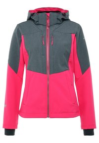 Giacca softshell con design a blocchi di colore rosa e grigio, cerniera frontale, cappuccio regolabile e polsini elastici per una vestibilità sicura.