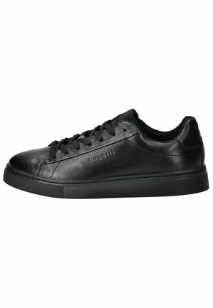 Black leather sneakers with a smooth texture, round toe, and black laces. Features a flat rubber sole and subtle branding on the side.