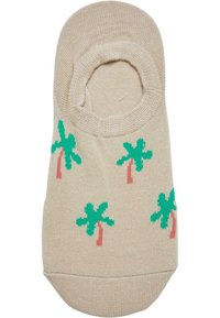Chaussette beige avec de petits motifs de palmiers verts et des troncs corail. Présente un haut arrondi et une ouverture élastiquée pour un ajustement confortable.