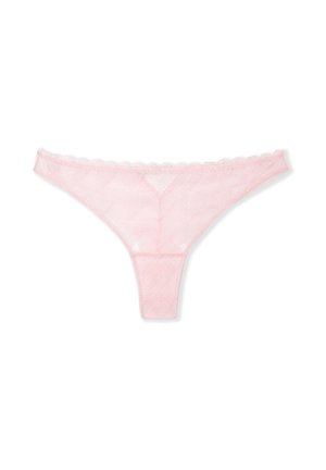 Pink lace thong featuring a heart pattern, scalloped edges, and a sheer texture, designed for minimal coverage and comfort.