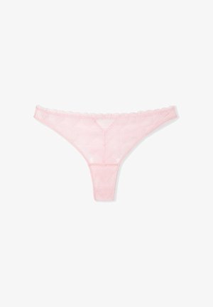 Pink lace thong featuring a heart pattern, scalloped edges, and a sheer texture, designed for minimal coverage and comfort.