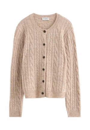 Cardigan beige lavorato a treccia con bottoni, maniche lunghe e polsini e orlo a coste, con scollo rotondo.