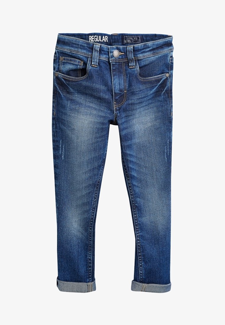 Jean en denim bleu coupe droite pour enfants avec revers roulés, poches avant, passants de ceinture et fermeture par bouton.