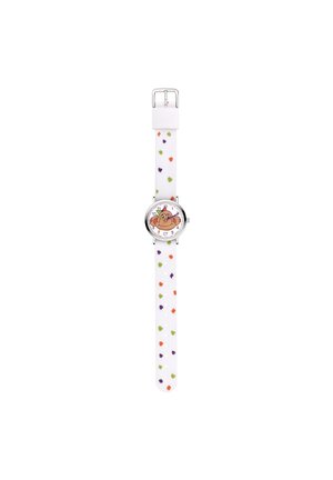 Buntfarbige Uhr mit weißem Armband, das mit mehrfarbigen Herzen verziert ist, runden silbernen Gehäuse und einem verspielten Charakter auf dem Zifferblatt.