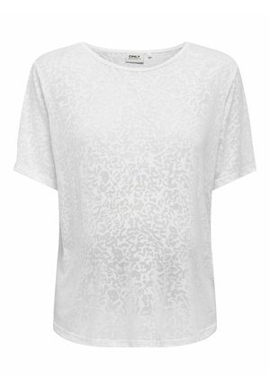 Top blanco de manga corta con un sutil patrón abstracto, cuello redondo y corte holgado. Fabricado en una tela ligera y transparente.
